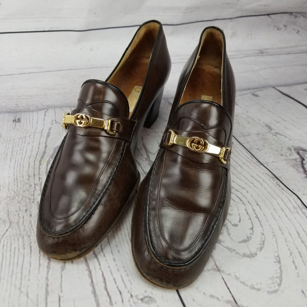 Gucci VTG Brown Leather Heeled Loafers